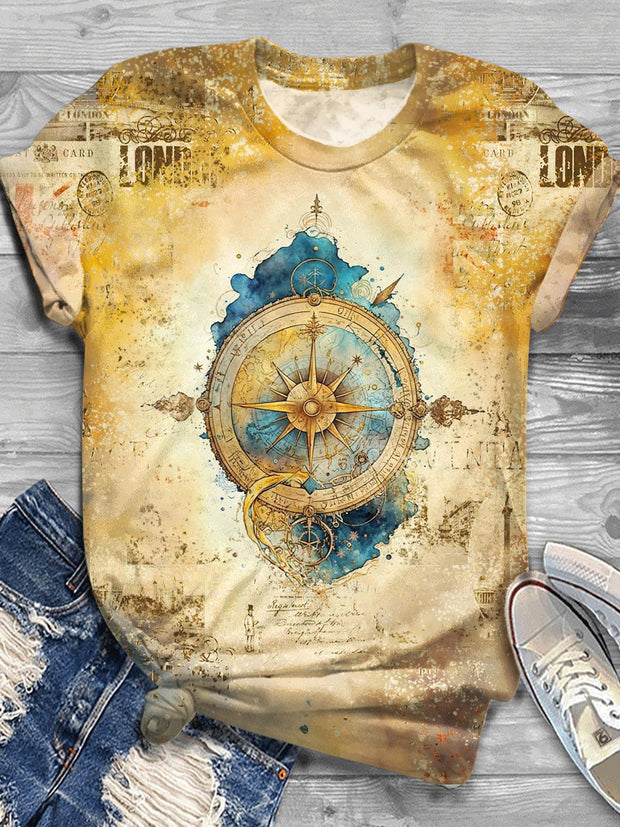 Retro Ocean Compass Printed Crew Neck T-shirt