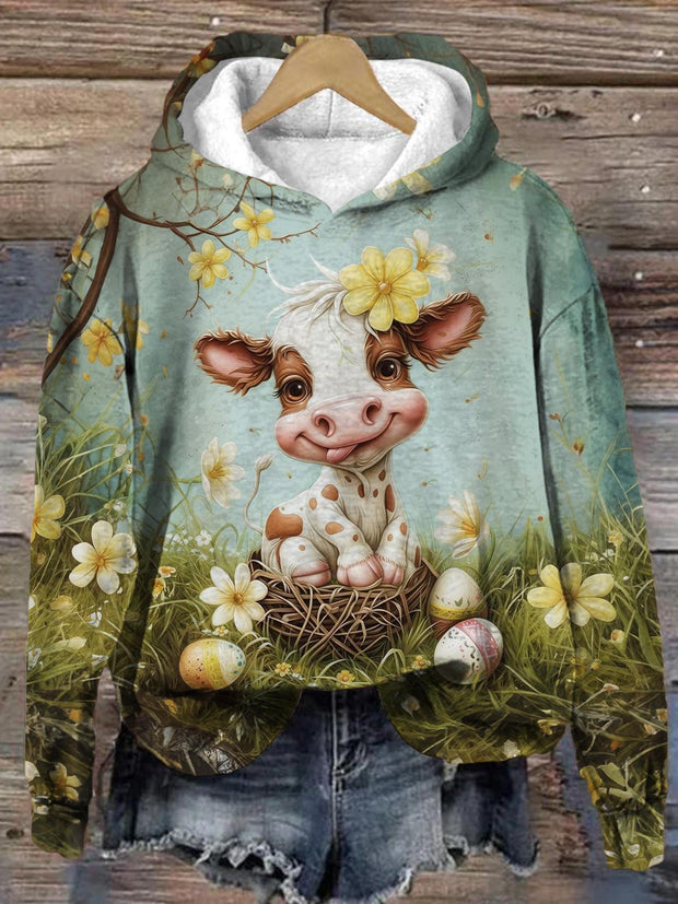 Women's Cute Cow Floral Vintage Print Casual Long Sleeve Top