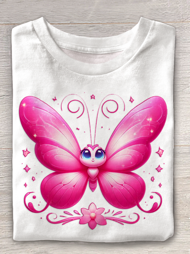 Cute Cartoon Butterfly Print Crew Neck T-shirt