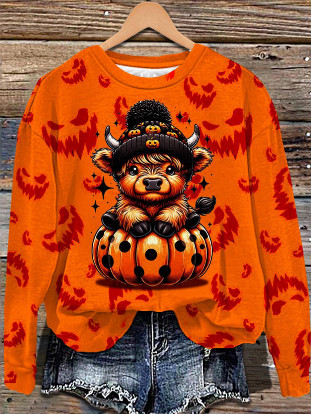 Halloween Fall Pumpkin Highland Cow Printed Long Sleeve Casual Top
