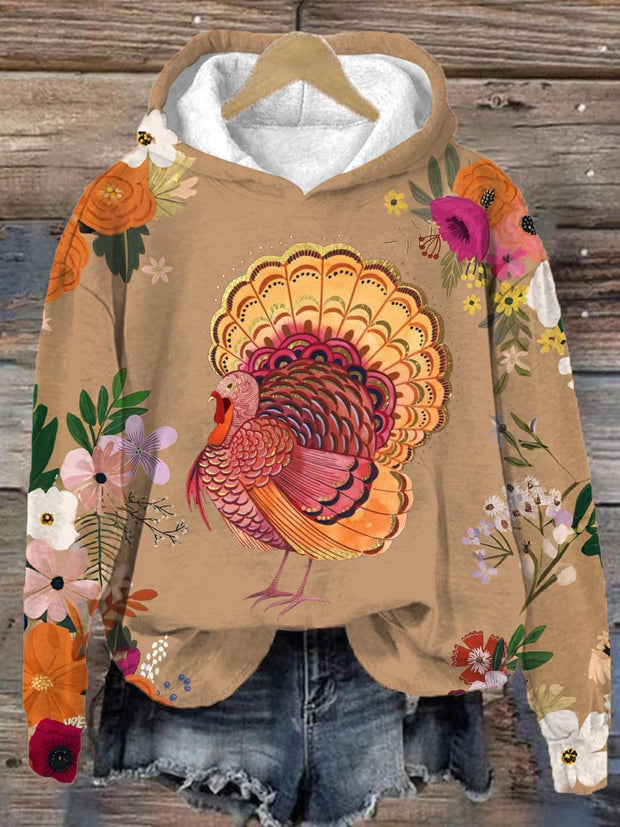 Thanksgiving Retro Turkey Long Sleeve Printed Hoodie