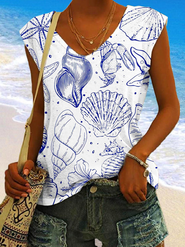 Blue Sea Creatures Beach Print Printed V-neck Sleeveless Top