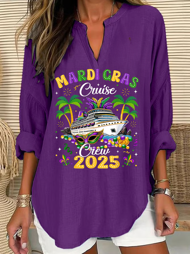 Mardi Gras Cruise Crew 2025 Print Casual Long Sleeve V-Neck Shirt