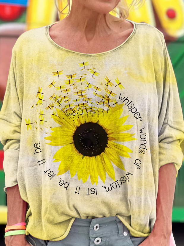 Whisper of Wisdom Hippie Sunflower Dragonfly Art Comfortable Dropped Shoulders Long Sleeves