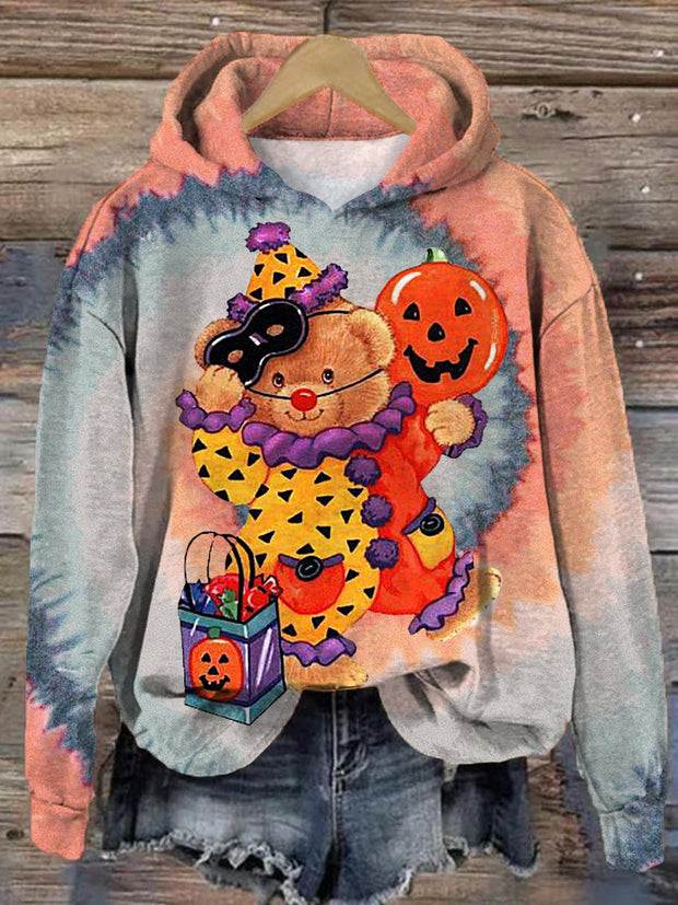 Women's Halloween Cute Bear Tie-Dye Print Hooded Casual Top