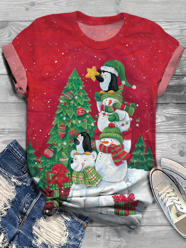 Cute Putting The Star To The Christmas Tree Printed Crew Neck T-shirt