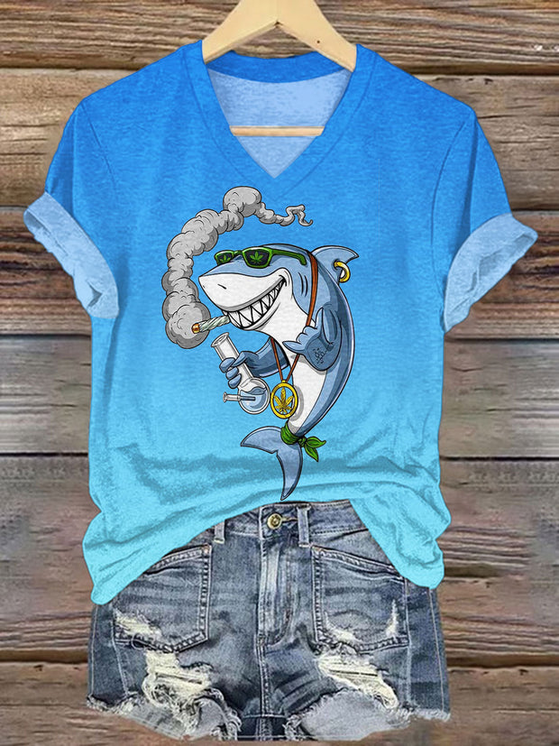 Funny Shark Stoner Smoking V-neck T-Shirt