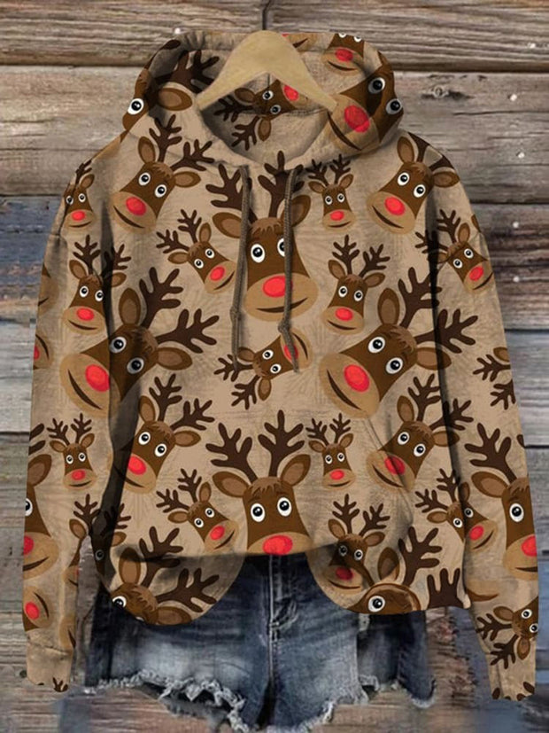 Vintage Christmas Elk Pattern Long Sleeve Printed Hoodie