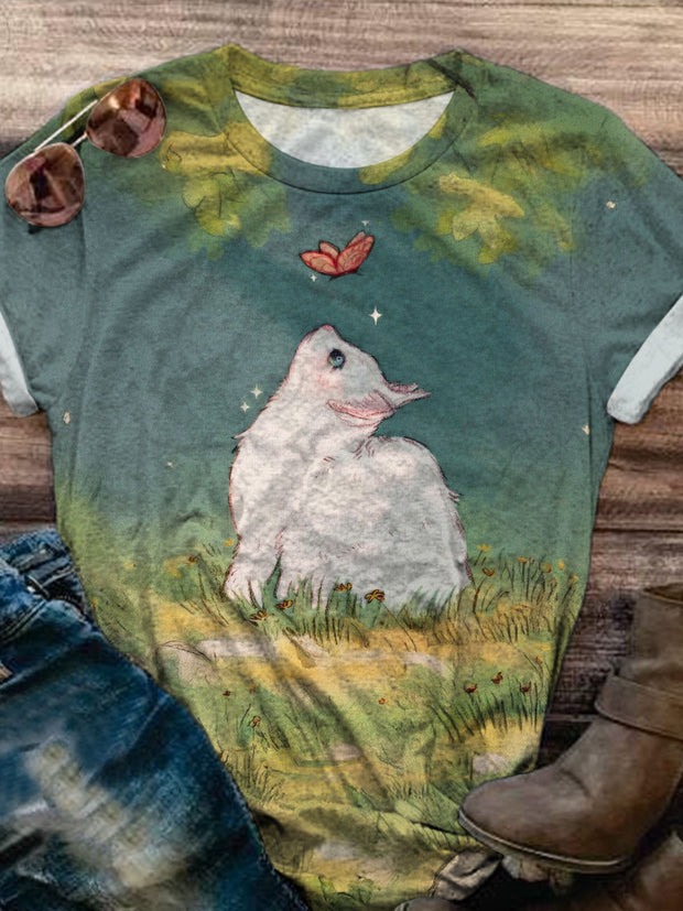 Women's Cat Butterfly Spring Prairie Print Casual T-shirt