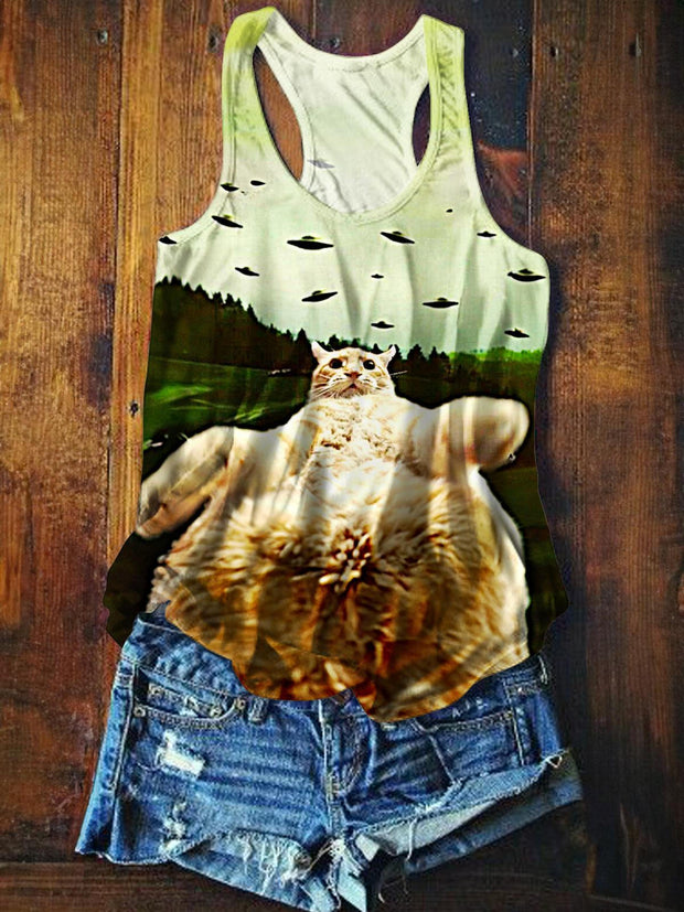 Women's Retro UFO Kitten Fun Printed Crew Neck All Over Printed Tank Top