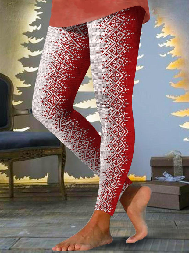 Christmas Snowflake Red And White Gradient Print Leggings