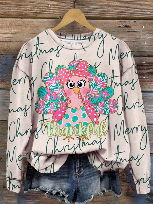 Merry Christmas Thankful Chicken Print Casual Long Sleeve Top