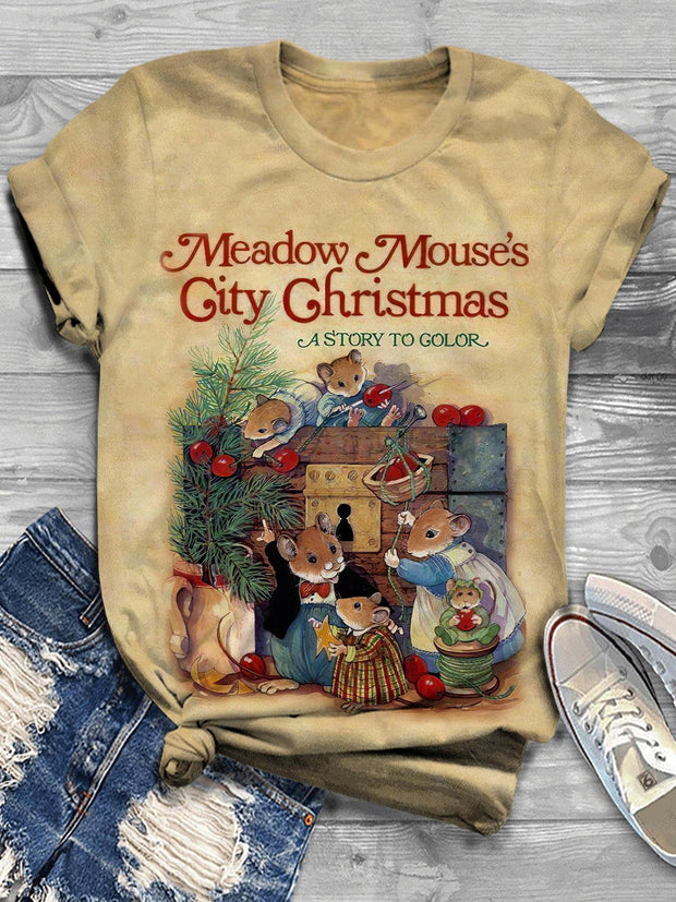 Women's Meadow Mouse's City Christmas Retro Opossum Print T-Shirt