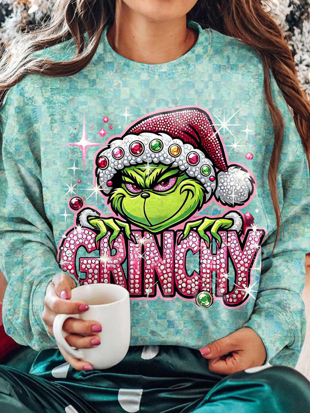 Grinchy Faux Sequin Jewel Print Long Sleeve Top