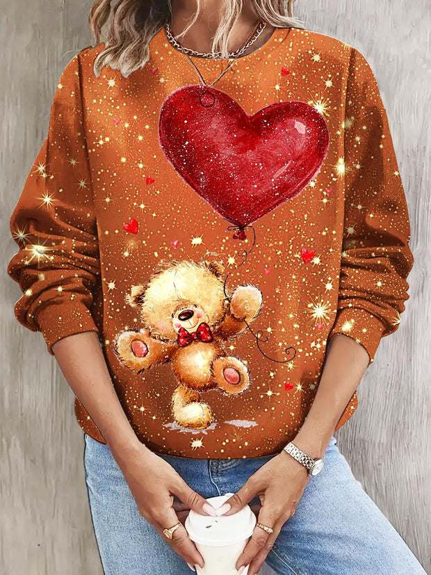 Women's Valentine's Day Bear Heart Balloon Print Long Sleeve Casual Top