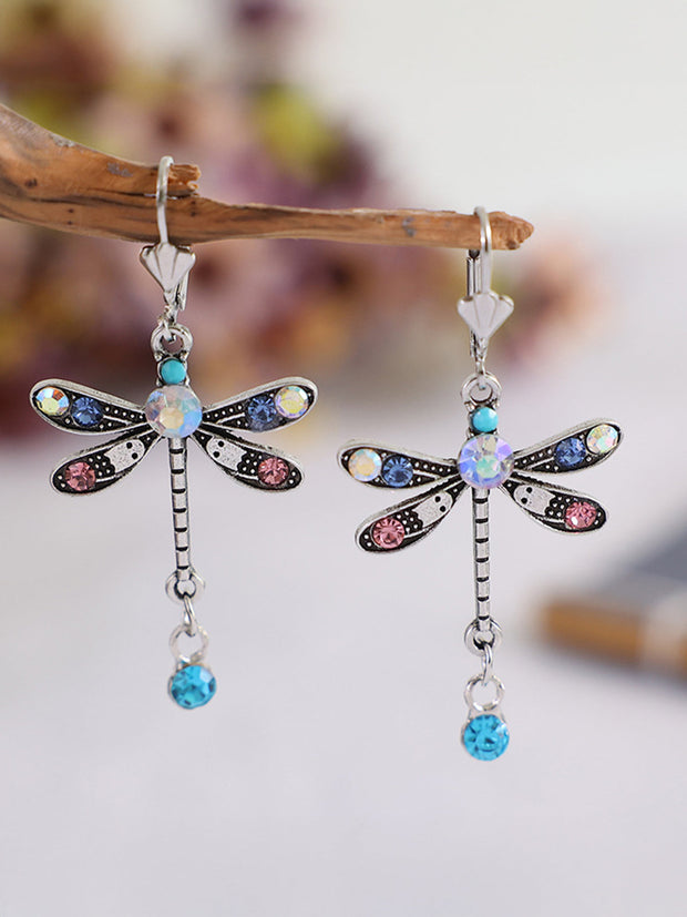 Women's Dragonfly Earrings Long Simple Colored Diamond