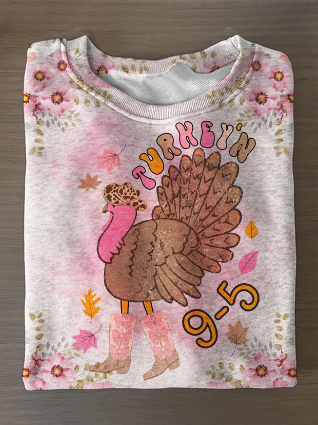 Thanksgiving Turkey Retro Printed Long Sleeve Casual Top