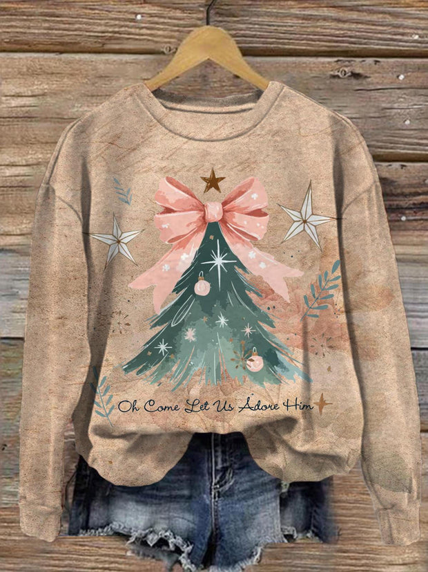 Pink Bow Christmas Tree Long Sleeve Casual Top