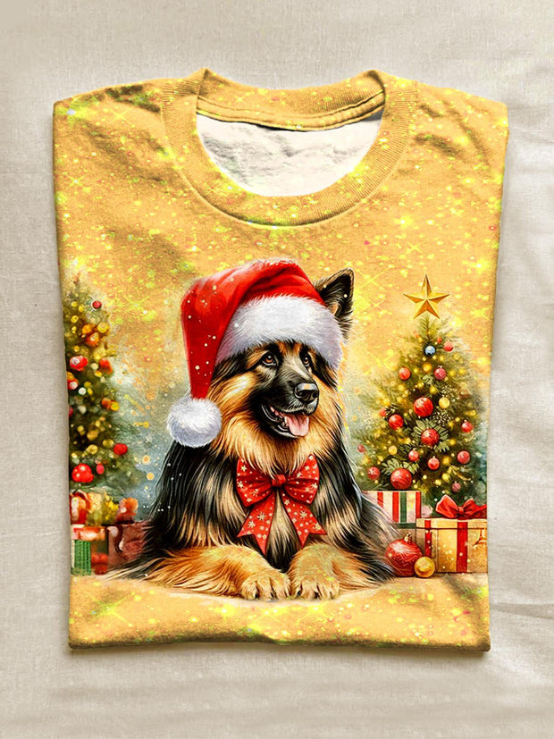 Women's Winter Christmas Glitter Dog Crew Neck T-shirt