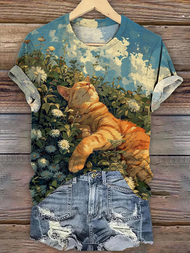 Women's Cute Cat Sunshine Floral Print Round Neck Casual T-Shirt