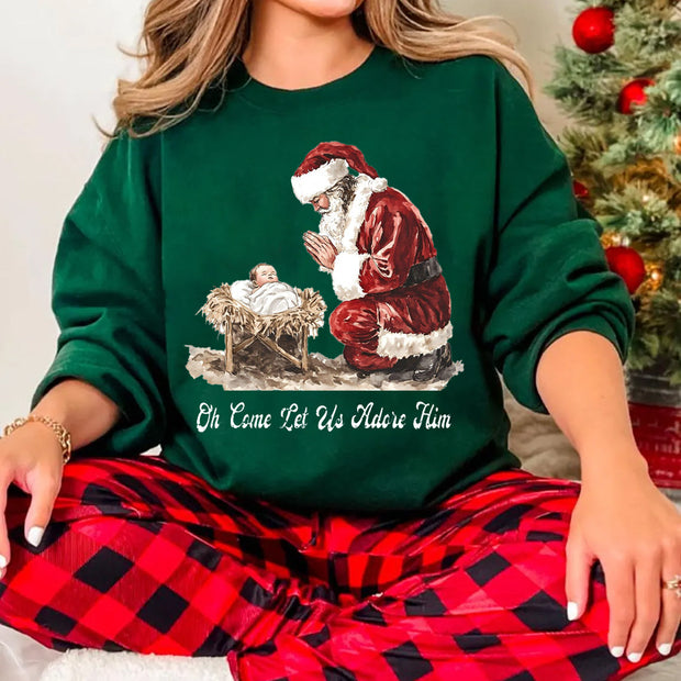 Oh Come Let Us Adore Him Santa Jesus Sweatshirt