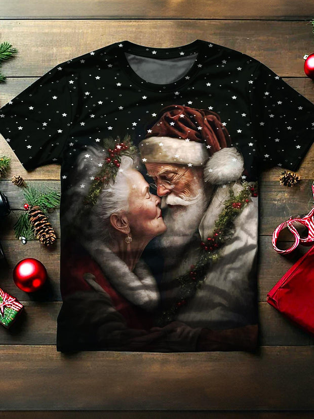 Women's Christmas Santa Warm Kiss Crew Neck T-shirt