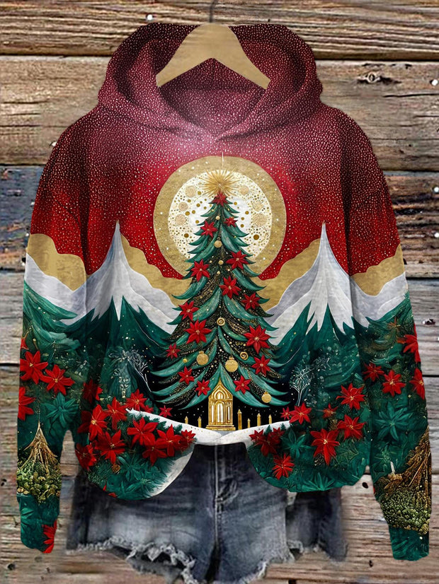 Christmas Tree Illustration Long Sleeve Printed Hoodie