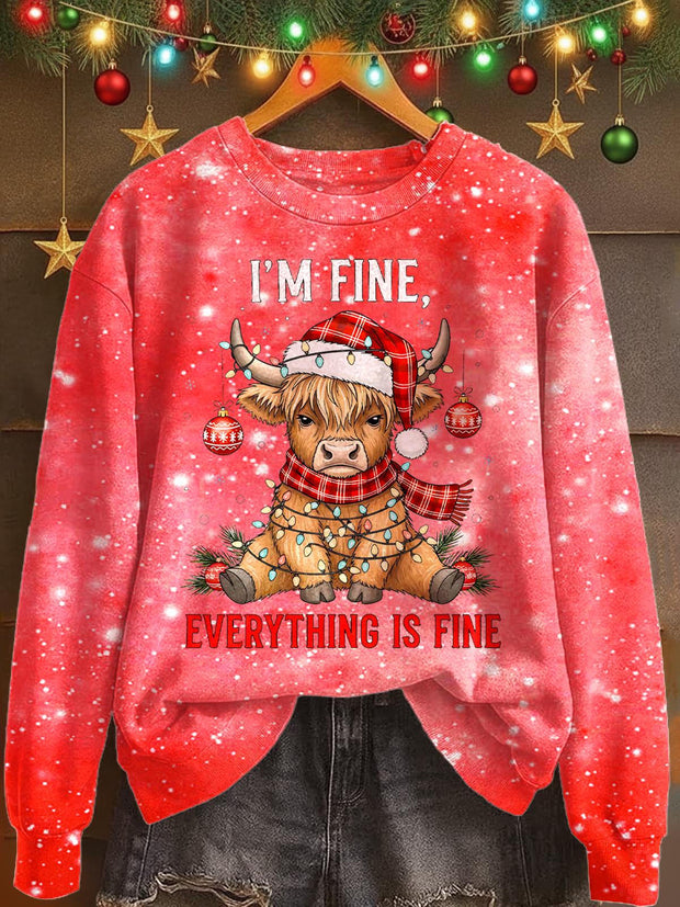 Winter Christmas Highland Cow Print Long Sleeve Casual Top