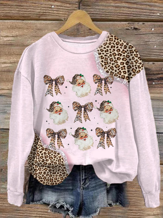 Pink Leopard Christmas Printed Long Sleeve Casual Top