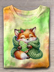 Women's Winter Christmas Tree Fox Crew Neck T-shirt