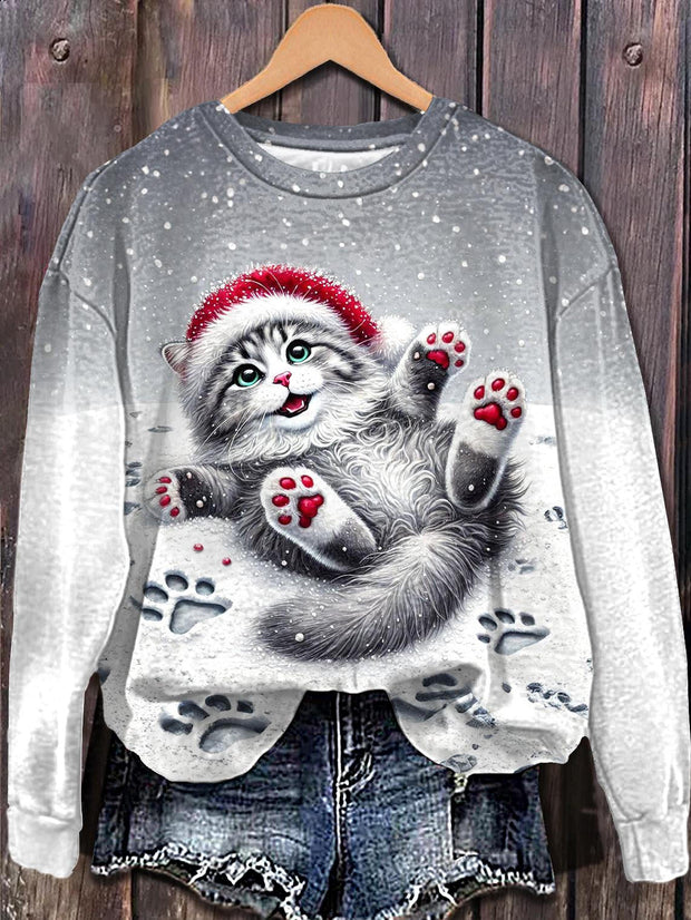 Winter Kitten Print Long Sleeve Casual Top