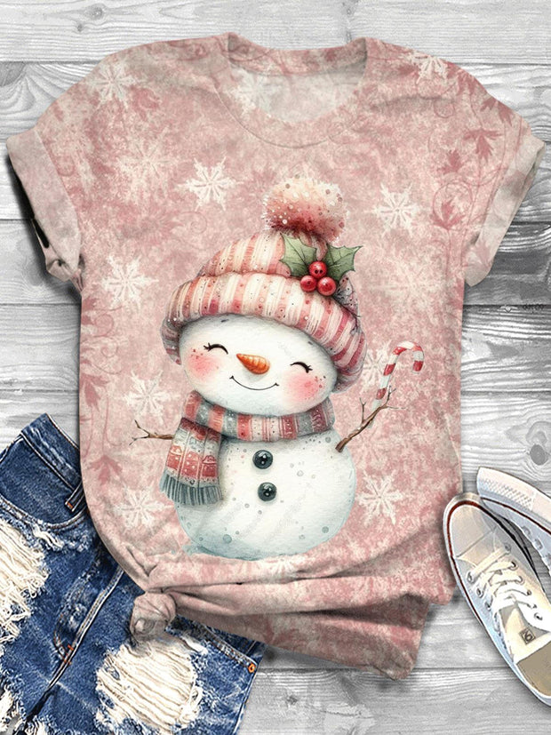 Cute Pink Christmas Snowman Crew Neck T-shirt