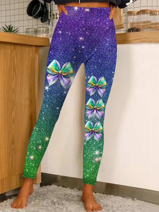 Glitter Mardi Gras Coquette Bow Print Leggings