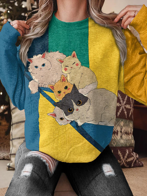 Retro Color Block Stitching Cute Kitten Printed Long Sleeve Casual Top