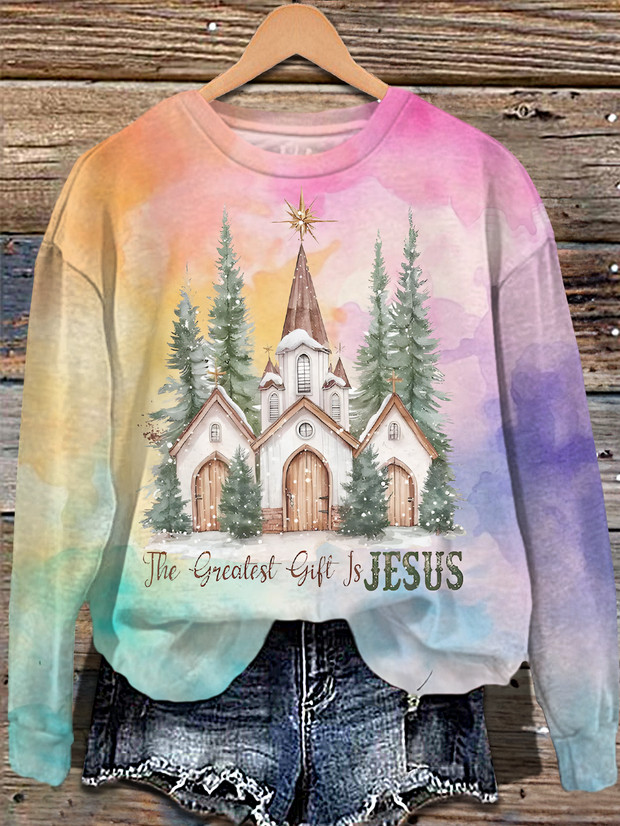 The Greatest Gift Is Jesus Printed Long Sleeve Casual Top