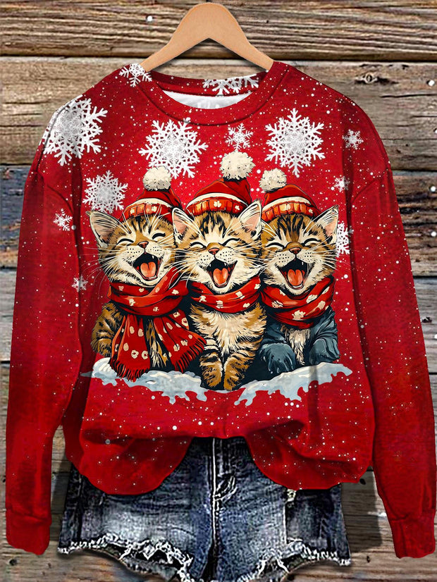 Christmas Cute Cat Printed Long Sleeve Casual Top