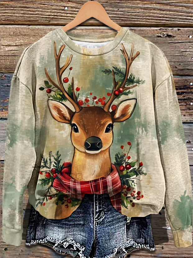 Retro Christmas Reindeer Printed Long Sleeve Casual Top