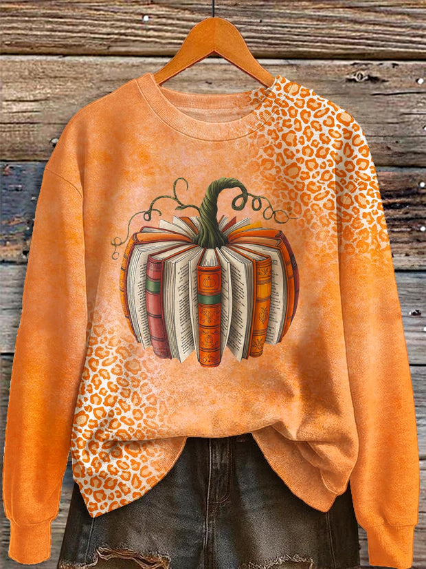 Fall Book Pumpkin Printed Long Sleeve Casual Top