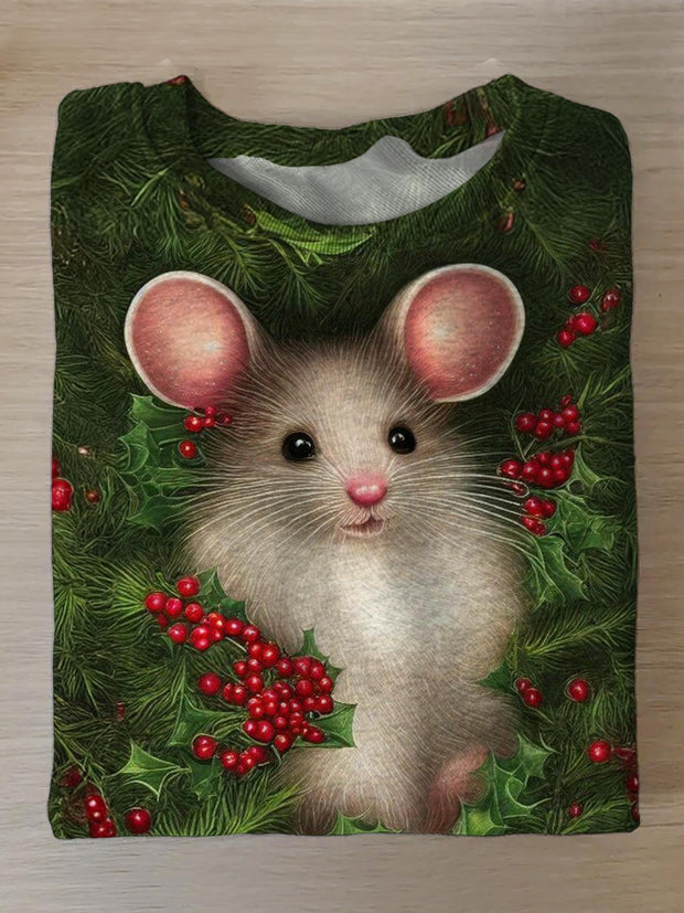 Cute Animal Mouse Christmas Flowers Printed Long Sleeve Casual Top