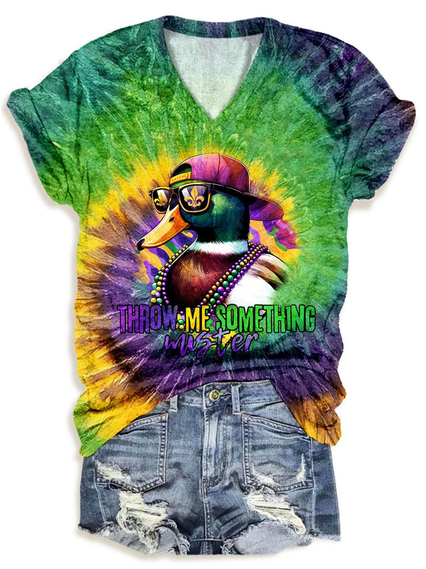 Mardi Gras Duck Tie Dye V Neck T-Shirt