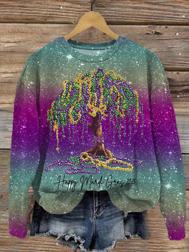 Coquette Mardi Gras Tree Printed Long Sleeve Casual Top