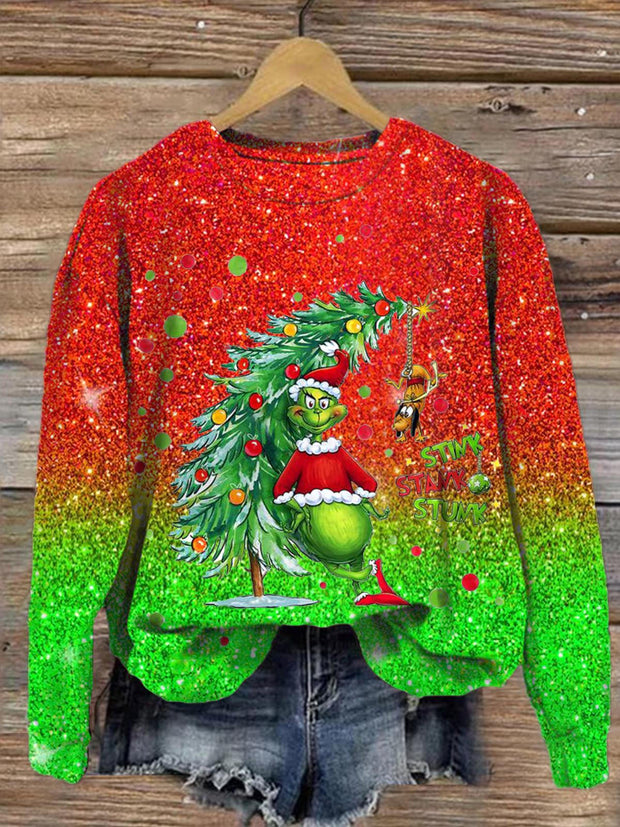 Christmas Tree And Green Monster Printed Long Sleeve Casual Top