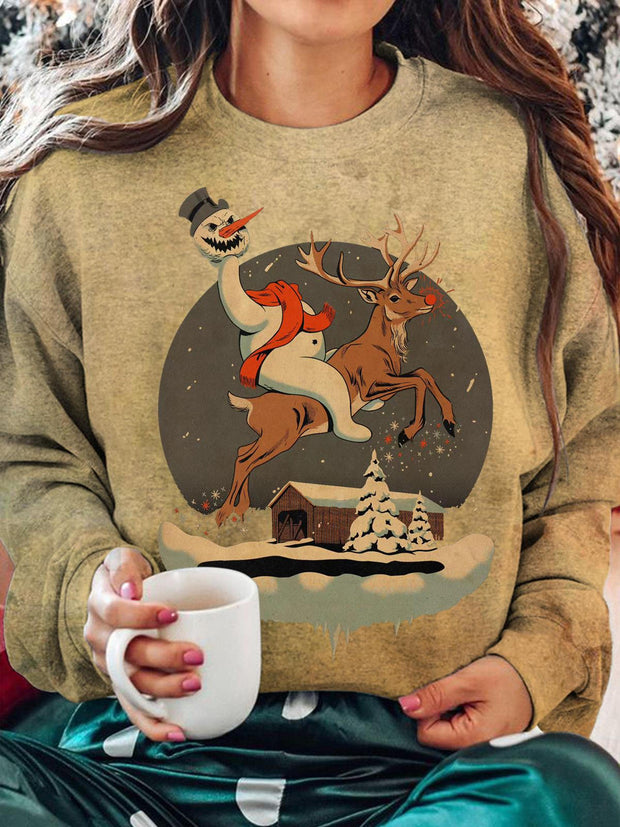 Retro Christmas Snowman Printed Long Sleeve Casual Top