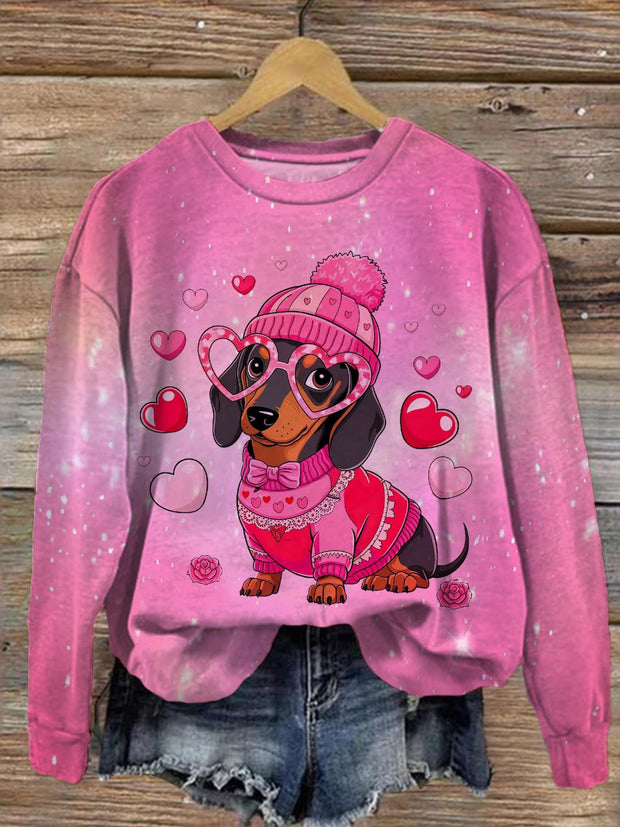 Valentine Dachshund Dog Printed Long Sleeve Casual Top