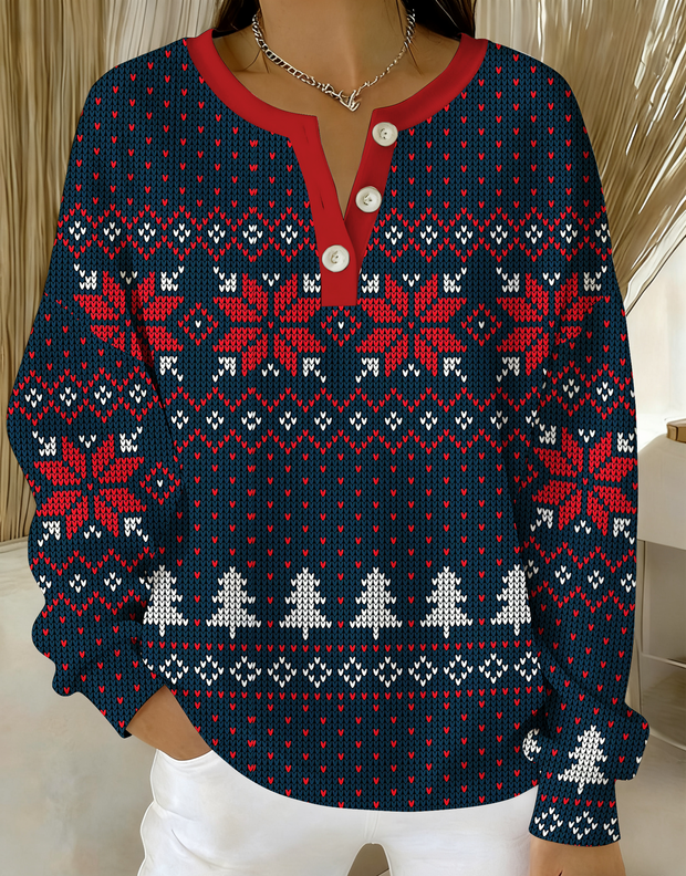 Vintage Christmas Fair IsleKnitted Button Long-Sleeved Sweater