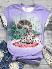 Women's Winter Christmas Tree Kitten Print Crew Neck T-Shirt