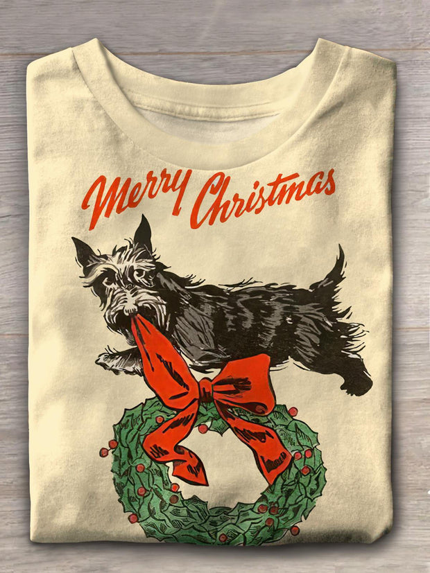 Merry Christmas Cute Puppy Wreath Print T-shirt