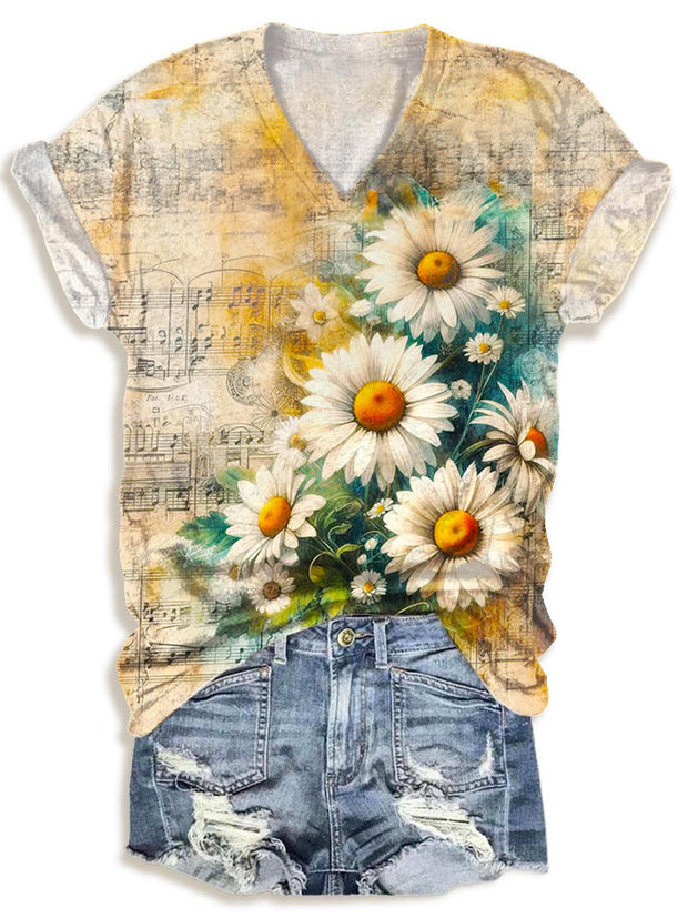 Vintage Daisy Print V-neck T-Shirt