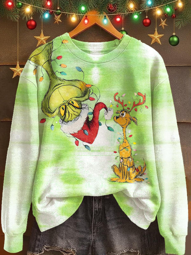 Christmas Retro Grinch Print Long Sleeve Casual Top