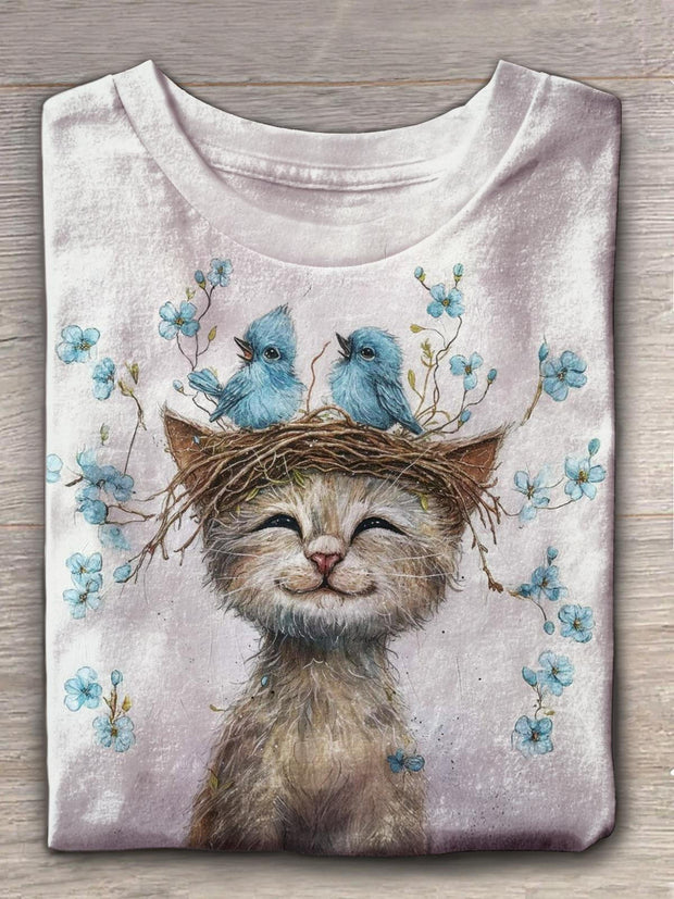 Cats And Birds Crew Neck T-shirt